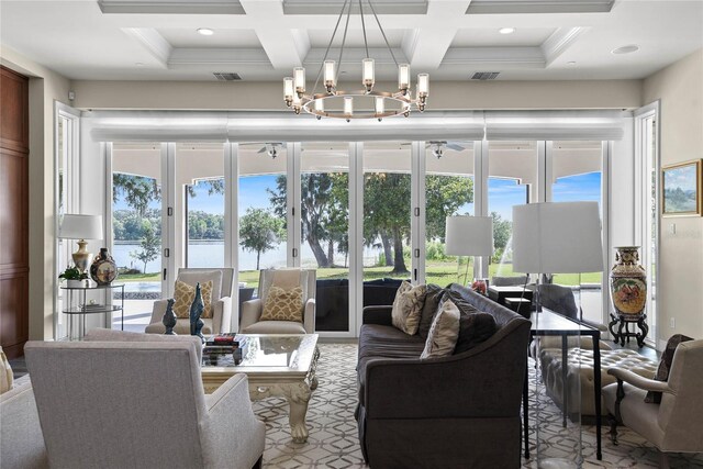1112 Preserve Point Dr, Winter Park, FL 32789 - living room featuring coffered ceiling, a chandelier, beamed ceiling, a water view, and crown molding