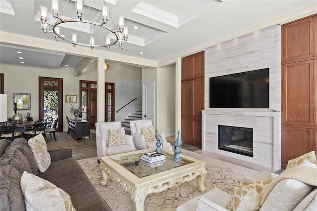 1112 Preserve Point Dr, Winter Park, FL 32789 - living room with a chandelier, recessed lighting, coffered ceiling, crown molding, and baseboards