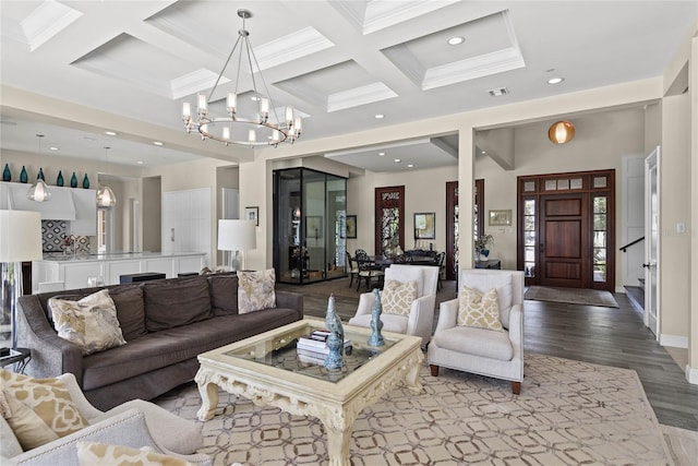 1112 Preserve Point Dr, Winter Park, FL 32789 - living area with coffered ceiling, a chandelier, wood finished floors, beamed ceiling, and recessed lighting