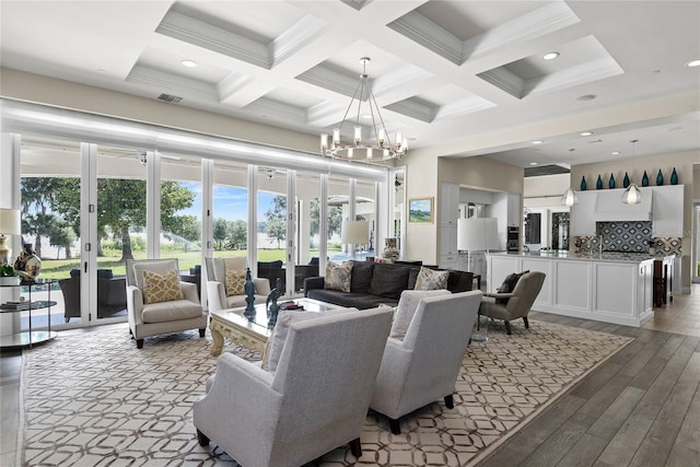 1112 Preserve Point Dr, Winter Park, FL 32789 - living room featuring plenty of natural light, coffered ceiling, a chandelier, light wood-style flooring, and beam ceiling