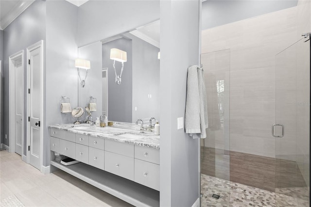 1112 Preserve Point Dr, Winter Park, FL 32789 - full bath featuring double vanity, a shower stall, and baseboards