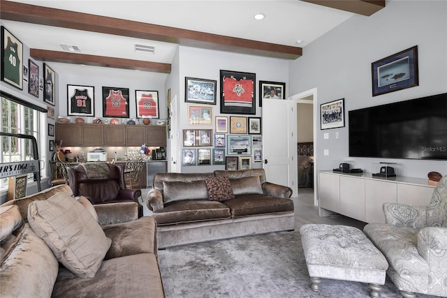 1112 Preserve Point Dr, Winter Park, FL 32789 - living room featuring beam ceiling, recessed lighting, and a high ceiling