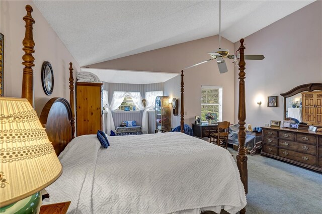 2132 Palm Vista Dr, Apopka, FL 32712 - carpeted bedroom featuring multiple windows, ceiling fan, high vaulted ceiling, and a textured ceiling