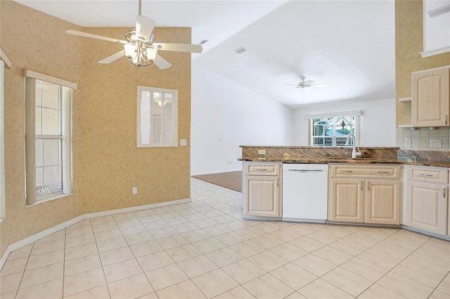 5382 SW 84th Pl, Ocala, FL 34476 - kitchen featuring dishwasher, ceiling fan, lofted ceiling, baseboards, and light tile patterned flooring