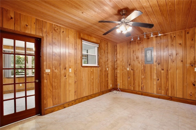 4802 Anton Ave, Apopka, FL 32712 - empty room featuring rail lighting, electric panel, wooden ceiling, tile patterned floors, and ceiling fan