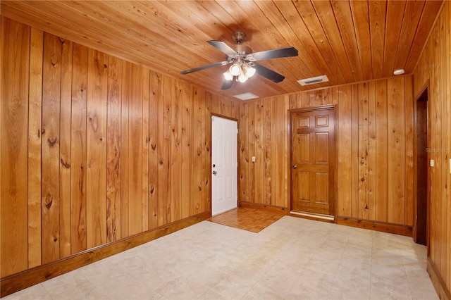 4802 Anton Ave, Apopka, FL 32712 - empty room with light flooring, wood ceiling, wooden walls, a ceiling fan, and baseboards