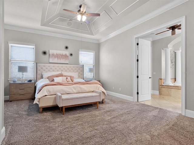 1417 Terralago Pl, Oviedo, FL 32765 - bedroom with carpet flooring, decorative columns, baseboards, ceiling fan, and crown molding