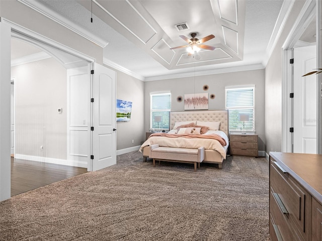 1417 Terralago Pl, Oviedo, FL 32765 - bedroom featuring multiple windows, dark colored carpet, baseboards, crown molding, and a ceiling fan