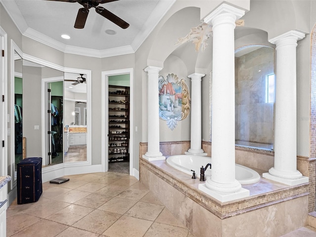 1417 Terralago Pl, Oviedo, FL 32765 - full bathroom featuring a ceiling fan, a bath, a spacious closet, ornamental molding, and recessed lighting