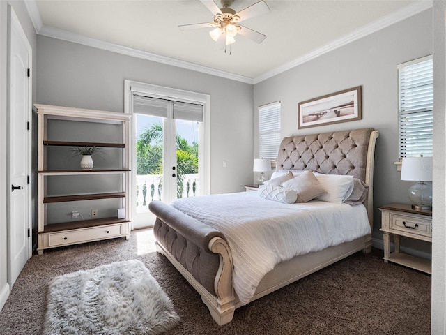 1417 Terralago Pl, Oviedo, FL 32765 - bedroom featuring access to exterior, carpet floors, crown molding, french doors, and a ceiling fan