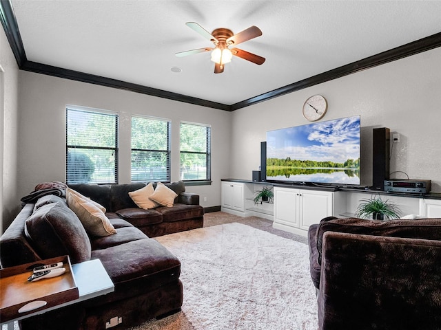 1417 Terralago Pl, Oviedo, FL 32765 - living room with ornamental molding, light colored carpet, and a ceiling fan