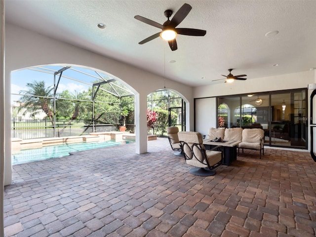 1417 Terralago Pl, Oviedo, FL 32765 - view of patio / terrace featuring outdoor lounge area, ceiling fan, an outdoor pool, and a lanai