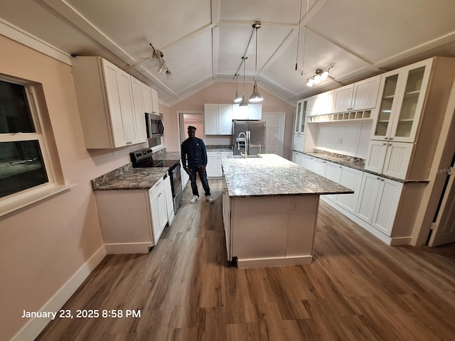 6505 Oelsner St, New Port Richey, FL 34652 - kitchen with stainless steel appliances, baseboards, dark wood-type flooring, lofted ceiling, and a kitchen island with sink