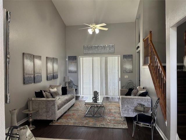 1445 Valley Pine Cir, Apopka, FL 32712 - living area featuring high vaulted ceiling, ceiling fan, wood finished floors, and stairway