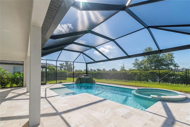 4861 Antrim Dr, Sarasota, FL 34240 - view of pool featuring a pool with connected hot tub, a patio, and glass enclosure