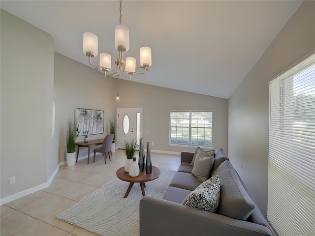 879 Nonastone Run, Casselberry, FL 32707 - living room with a chandelier, light tile patterned floors, baseboards, and high vaulted ceiling