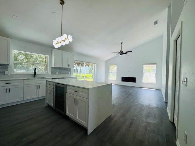 215 Hollowbrook Cir, Daytona Beach, FL 32114 - kitchen with a sink, wine cooler, plenty of natural light, dark wood-style flooring, and vaulted ceiling