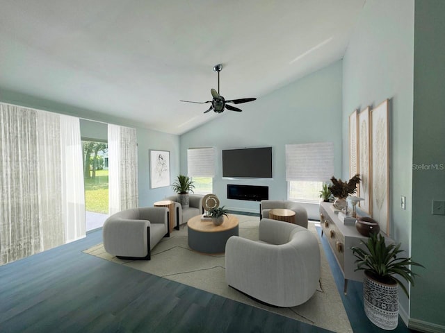 215 Hollowbrook Cir, Daytona Beach, FL 32114 - living room featuring lofted ceiling, ceiling fan, wood finished floors, healthy amount of natural light, and a fireplace