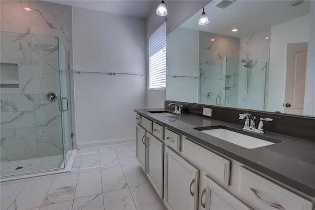 1727 Butterfly Way, Longwood, FL 32750 - full bathroom with marble look tile flooring, a marble finish shower, double vanity, and baseboards