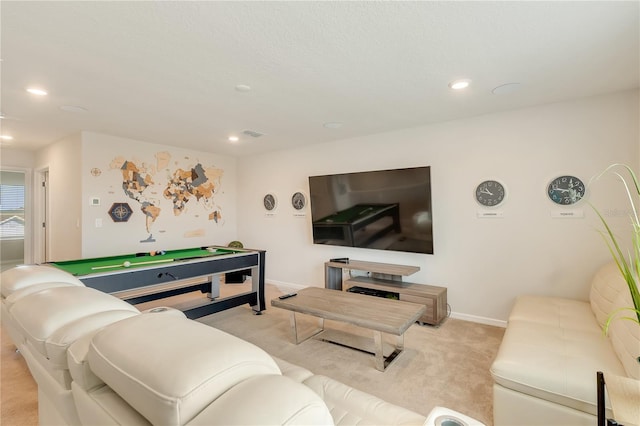 2793 Nature View Rd, Saint Cloud, FL 34771 - living room with light carpet, recessed lighting, pool table, and baseboards
