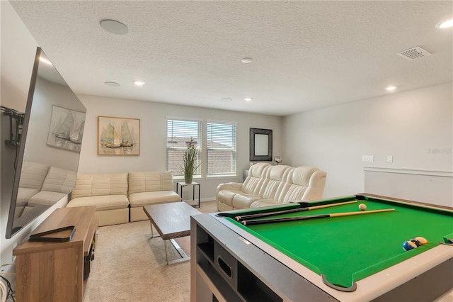 2793 Nature View Rd, Saint Cloud, FL 34771 - rec room featuring light colored carpet, recessed lighting, a textured ceiling, billiards table, and baseboards