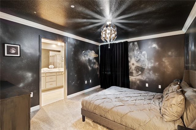 4184 Paragraph Dr, Kissimmee, FL 34746 - bedroom with carpet flooring, ornamental molding, a chandelier, ensuite bathroom, and baseboards