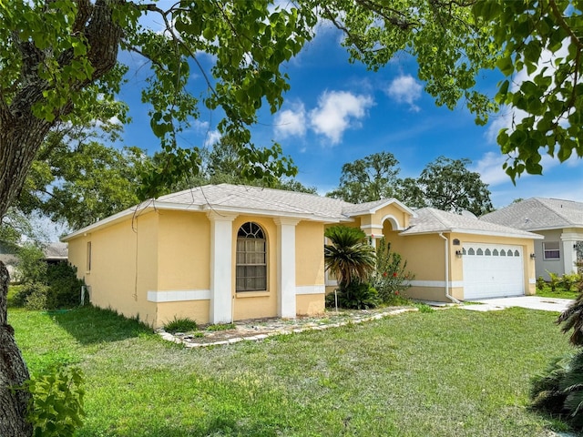 7337 Cone Shell Dr, Spring Hill, FL 34607 - ranch-style house featuring stucco siding, a garage, a front yard, and concrete driveway