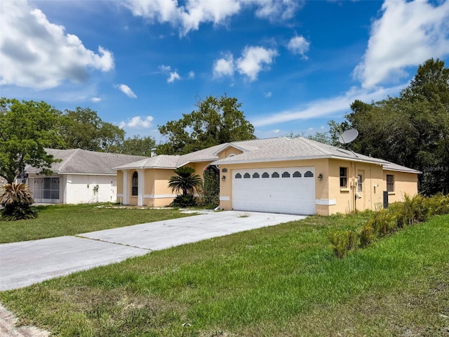 7337 Cone Shell Dr, Spring Hill, FL 34607 - single story home with stucco siding, concrete driveway, an attached garage, and a front yard
