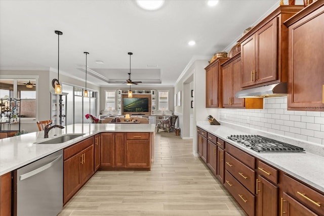 9846 SW 106th Ct, Ocala, F, Ocala, FL 34481 - kitchen featuring appliances with stainless steel finishes, ceiling fan, under cabinet range hood, a tray ceiling, and open floor plan