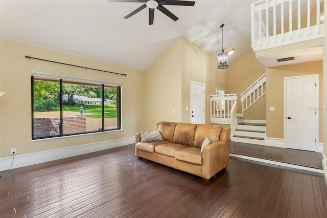 120 E Greentree Ln, Lake Mary, FL 32746 - living area featuring high vaulted ceiling, stairs, ceiling fan, baseboards, and dark wood-style floors
