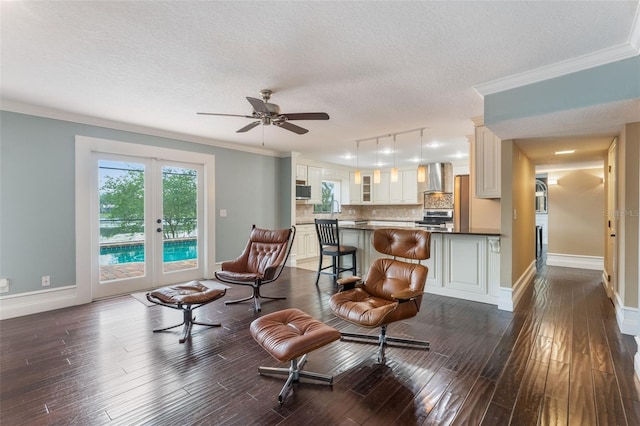 120 E Greentree Ln, Lake Mary, FL 32746 - living room with a textured ceiling, dark wood finished floors, french doors, baseboards, and ornamental molding