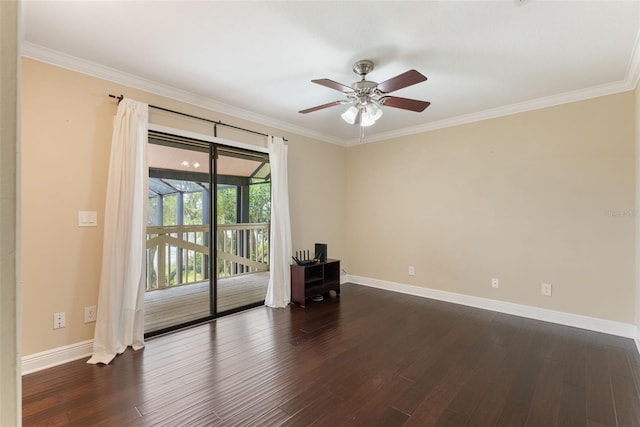 120 E Greentree Ln, Lake Mary, FL 32746 - empty room featuring ceiling fan, baseboards, dark wood finished floors, and crown molding