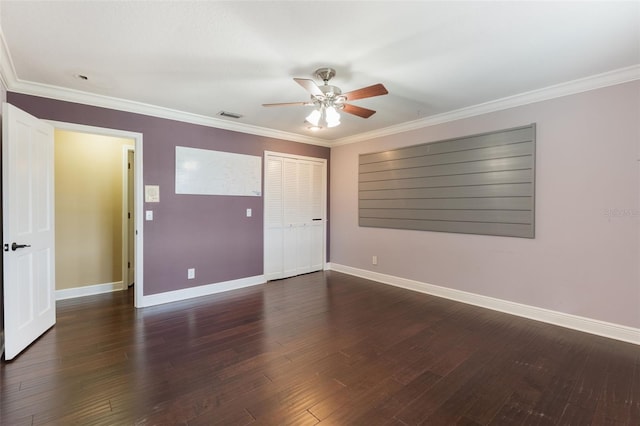 120 E Greentree Ln, Lake Mary, FL 32746 - unfurnished bedroom featuring baseboards, wood finished floors, a closet, crown molding, and ceiling fan