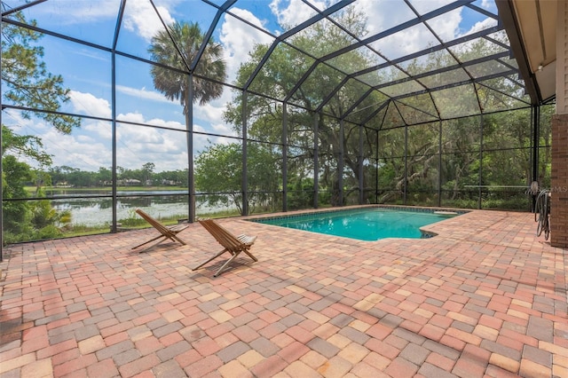 120 E Greentree Ln, Lake Mary, FL 32746 - outdoor pool featuring a water view, a patio, and glass enclosure
