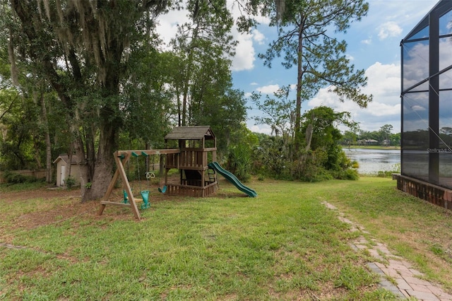 120 E Greentree Ln, Lake Mary, FL 32746 - view of green lawn featuring a water view, a playground, and a lanai