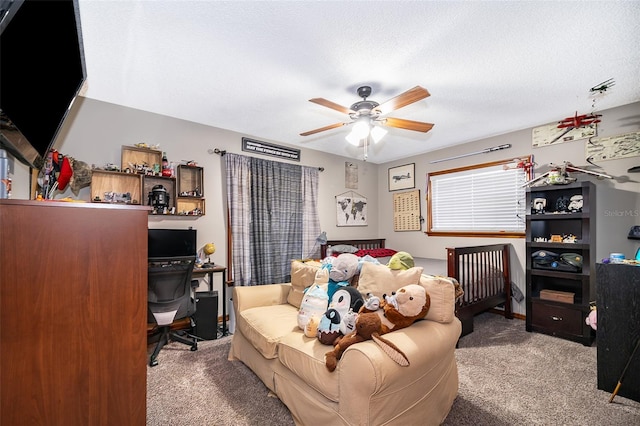 493 Princewood Dr, Deland, FL 32724 - bedroom with carpet, a desk, ceiling fan, and a textured ceiling