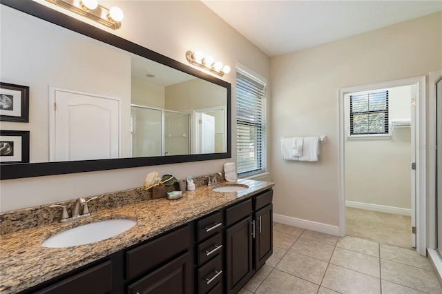 8219 Roseville Blvd, Davenport, FL 33896 - bathroom with a shower stall, healthy amount of natural light, double vanity, and baseboards