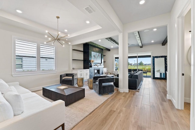 13323 Panama Beach Ct, Orlando, FL 32827 - living room with light wood-type flooring, baseboards, a chandelier, recessed lighting, and beam ceiling