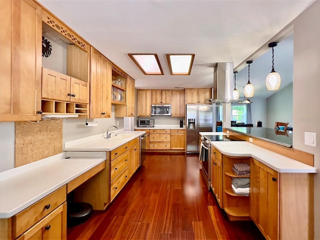 5724 Pitch Pine Dr, Orlando, FL 32819 - kitchen with open shelves, appliances with stainless steel finishes, exhaust hood, and dark wood-style flooring