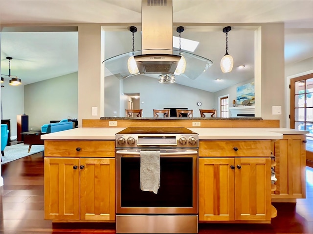 5724 Pitch Pine Dr, Orlando, FL 32819 - kitchen with stainless steel electric range oven, open floor plan, vaulted ceiling, dark wood-style floors, and light countertops