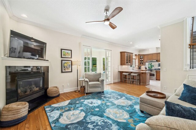1420 Palmer Ave, Winter Park, FL 32789 - living room with a ceiling fan, ornamental molding, light wood-style flooring, a glass covered fireplace, and baseboards