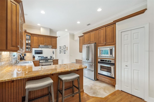 1420 Palmer Ave, Winter Park, FL 32789 - kitchen with appliances with stainless steel finishes, a sink, crown molding, a peninsula, and light stone counters
