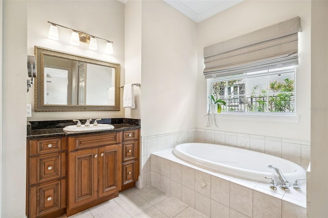 1420 Palmer Ave, Winter Park, FL 32789 - full bathroom with vanity, a garden tub, tile patterned flooring, and ornamental molding
