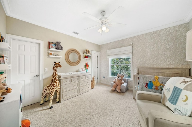 1420 Palmer Ave, Winter Park, FL 32789 - carpeted bedroom with ornamental molding and a ceiling fan