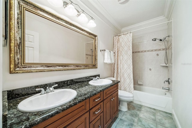 1420 Palmer Ave, Winter Park, FL 32789 - full bathroom featuring ornamental molding, shower / bathtub combination with curtain, double vanity, and toilet
