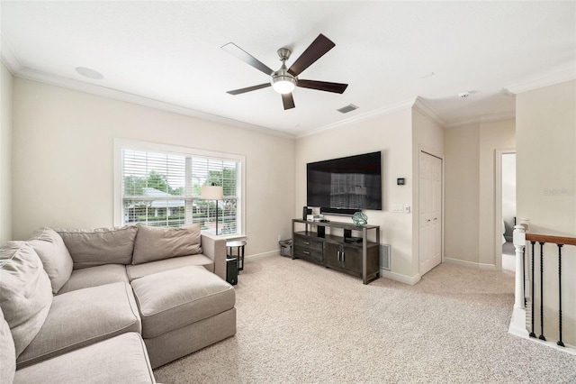 1420 Palmer Ave, Winter Park, FL 32789 - living room featuring a ceiling fan, baseboards, carpet floors, and ornamental molding