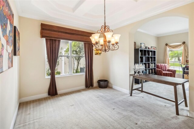 1429 Arbitus Cir, Oviedo, FL 32765 - office area featuring arched walkways, plenty of natural light, a chandelier, and carpet flooring