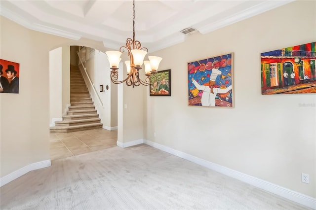 1429 Arbitus Cir, Oviedo, FL 32765 - unfurnished dining area featuring a chandelier, arched walkways, stairs, carpet, and baseboards
