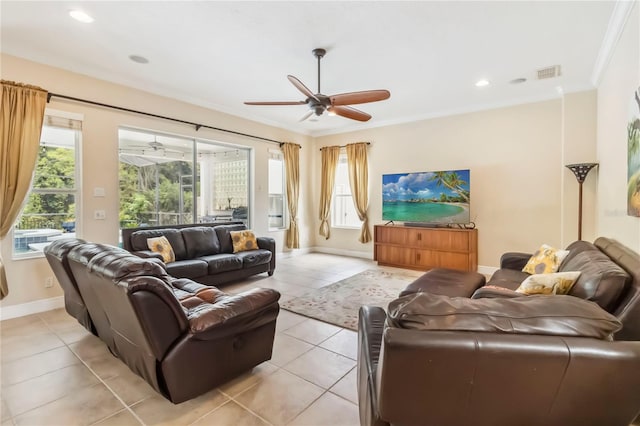 1429 Arbitus Cir, Oviedo, FL 32765 - living room featuring ceiling fan, baseboards, light tile patterned floors, recessed lighting, and ornamental molding
