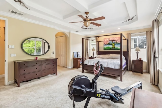 1429 Arbitus Cir, Oviedo, FL 32765 - bedroom featuring arched walkways, crown molding, recessed lighting, light colored carpet, and baseboards